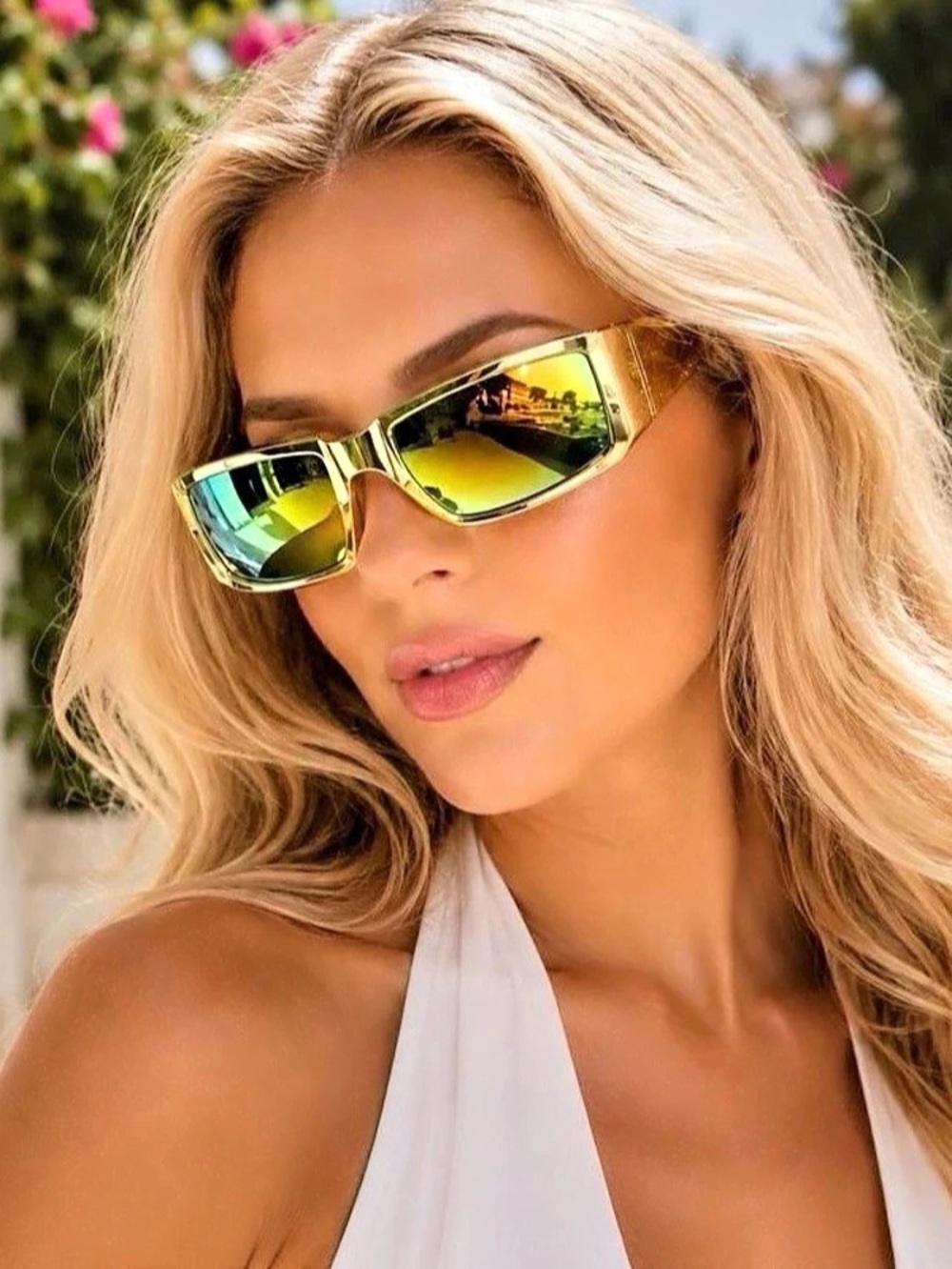 Gold Green Rectangular Sunglasses